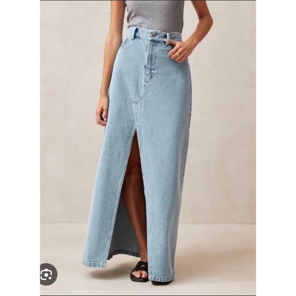 NEW Alohas Marina Denim Column Maxi Skirt Light Blue Wash Slit Front High-Rise - Picture 2 of 14